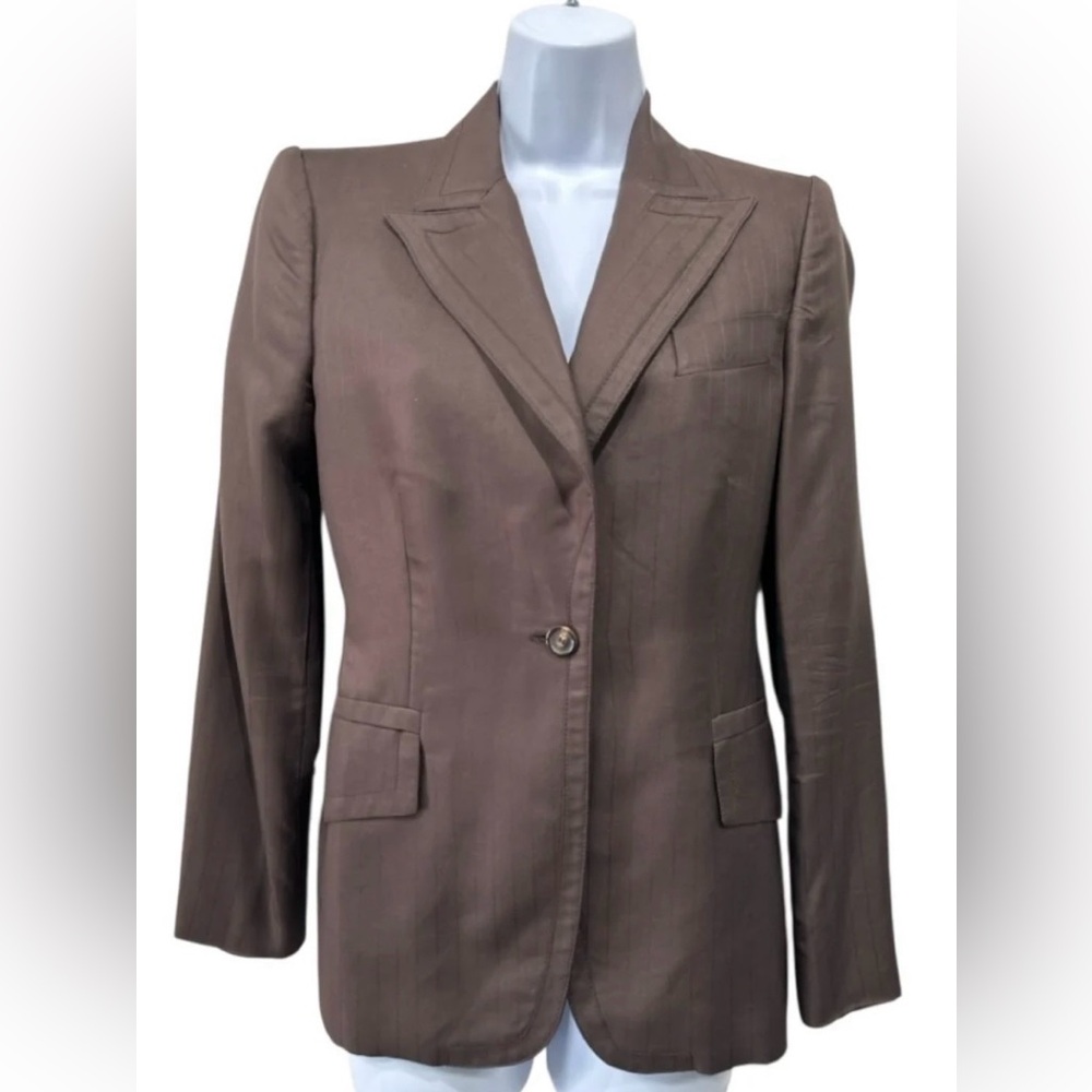 Gucci Size 40 Brown Silk 1 Button Pinstripe Women's Blazer Jacket